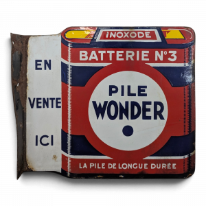 Plaque émaillée Pile Wonder double face à potence