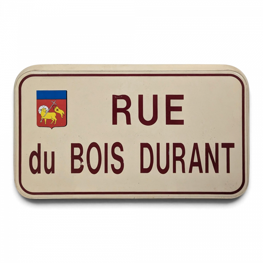 Plaque de rue émaillée Rue du Bois Durant à blason communal
