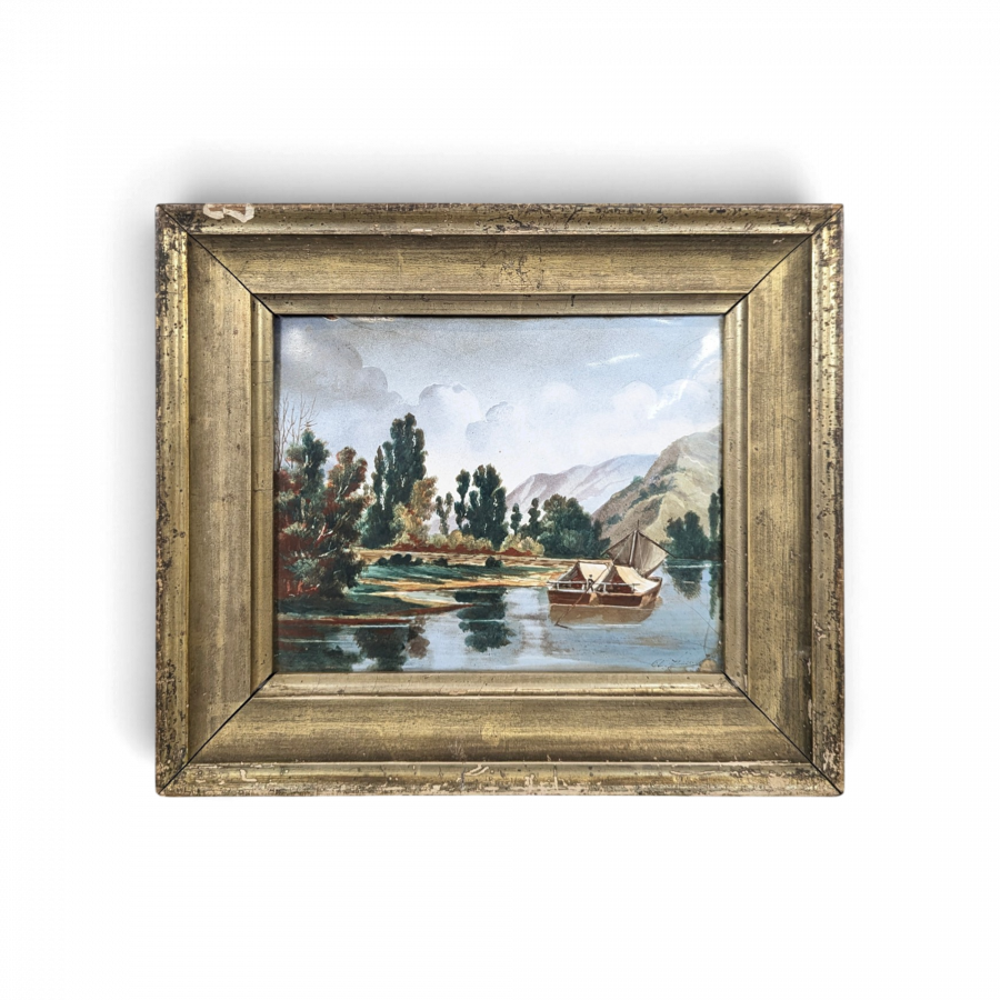 Petite huile sur cuivre paysage lacustre à la barque