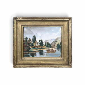 Petite huile sur cuivre paysage lacustre à la barque