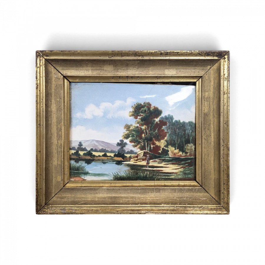 Petite huile sur cuivre paysage de rivière aux peupliers