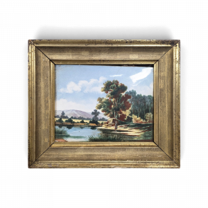 Petite huile sur cuivre paysage de rivière aux peupliers