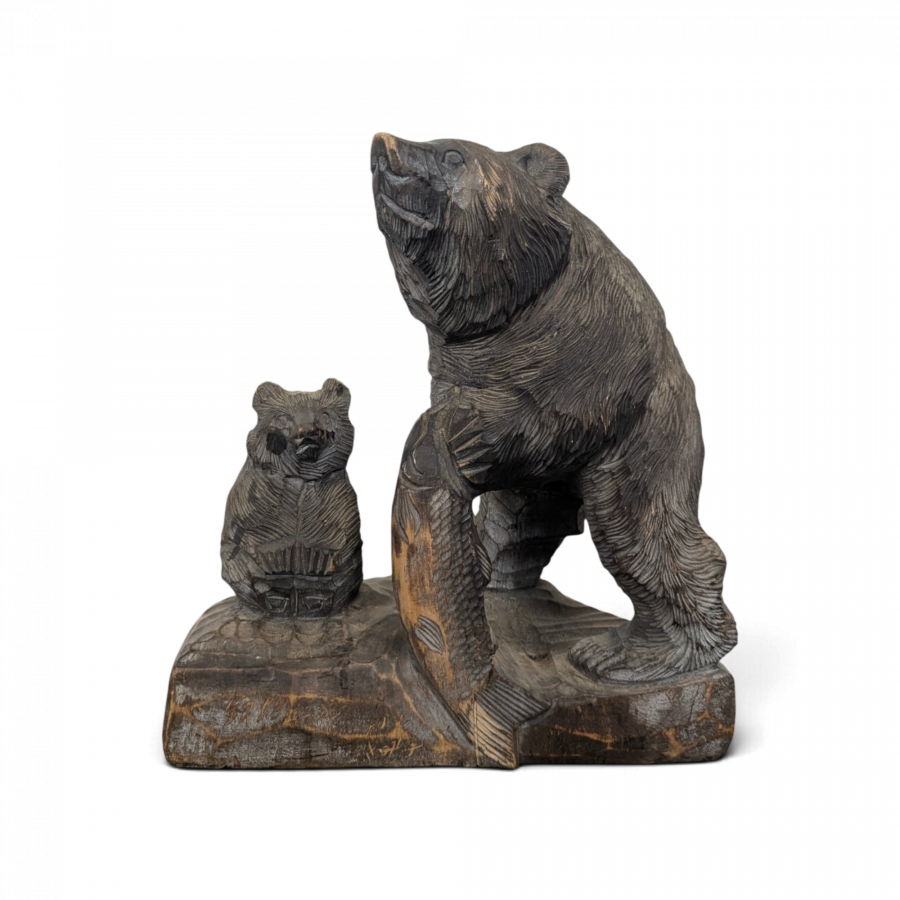 Sculpture ours et ourson de la Forêt-Noire en bois sculpté