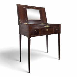Coiffeuse Louis XVI en acajou à plateau abattant et miroir