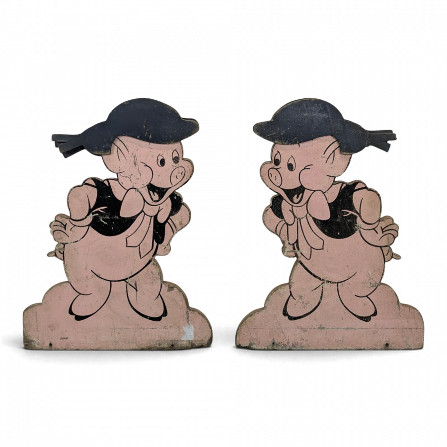 Paire de silhouettes publicitaires petits cochons en bois peint