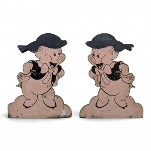Paire de silhouettes publicitaires petits cochons en bois peint