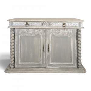 Buffet Louis XIII à colonnes torses en chêne patiné gris deux portes deux tiroirs