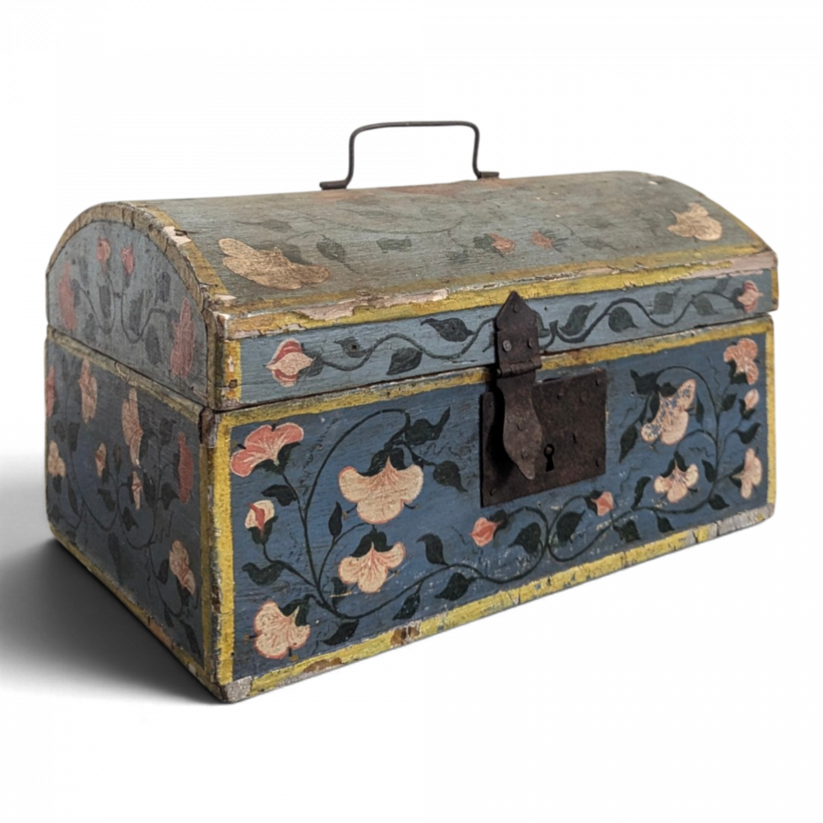 Coffret de mariage normand en bois peint à décor floral du XIXe