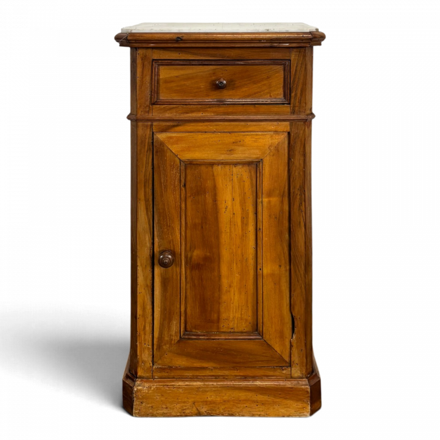 Table de chevet en noyer, dessus de marbre blanc