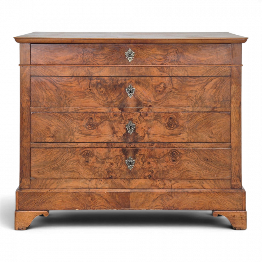 Commode de style Louis Philippe en plaquage de ronce de Noyer
