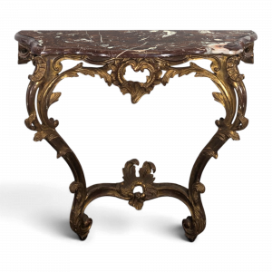 Console Louis XV en bois doré sculpté dessus marbre rouge