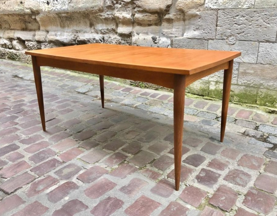 Grande table en teck scandinave à allonge en portefeuille