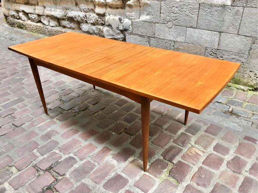 Grande table en teck scandinave à allonge en portefeuille