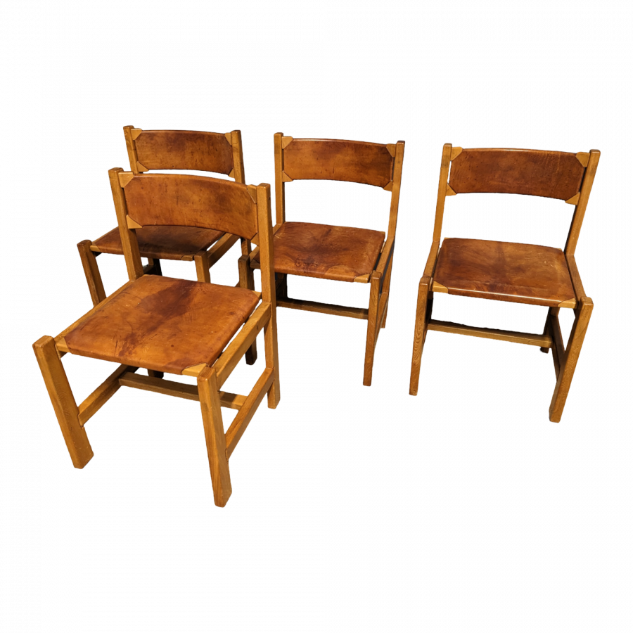 Serie 4 chaises maison Regain en cuir et orme massif