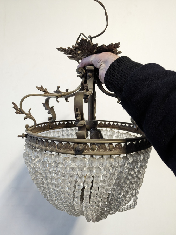 Lustre en bronze à perles tombantes époque 1900