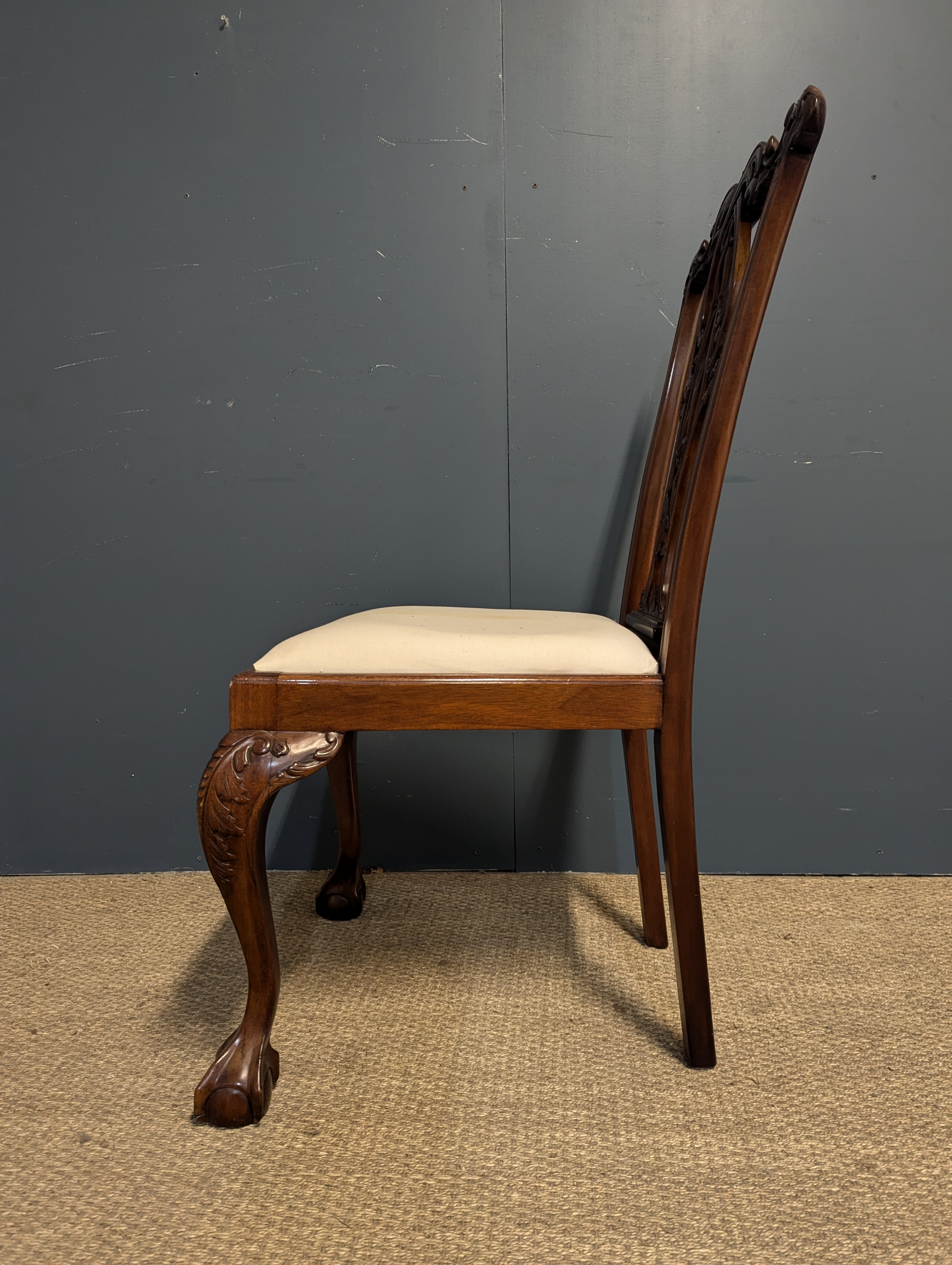 Lot De 4 Chaises Style Chippendale / Louis XV En Hêtre - Gris Vieilli, XIXe Siècle, Occasion