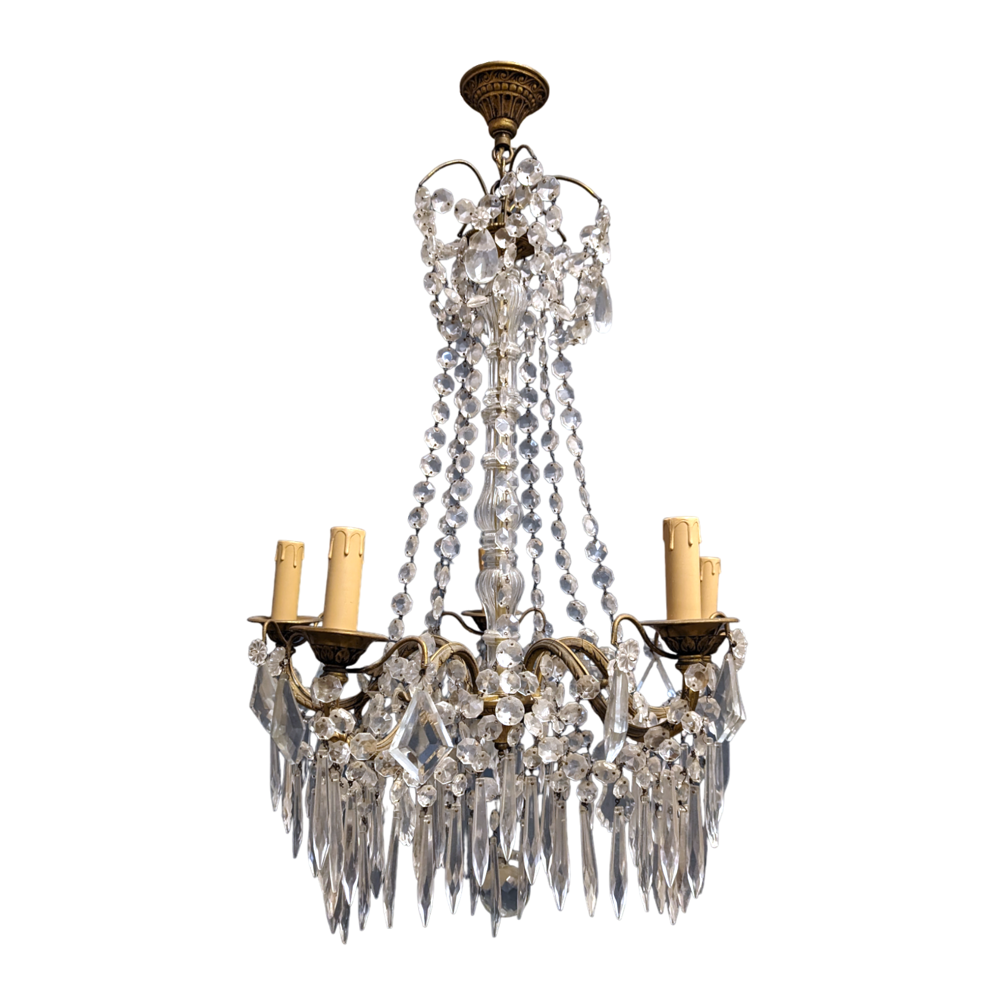 Lustre en bronze et verre à pampilles - La Brocante En Ligne