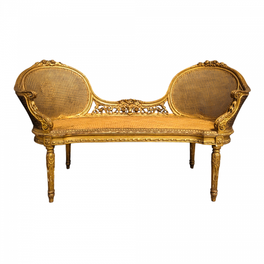 Banquette cannée Napoléon III en bois doré
