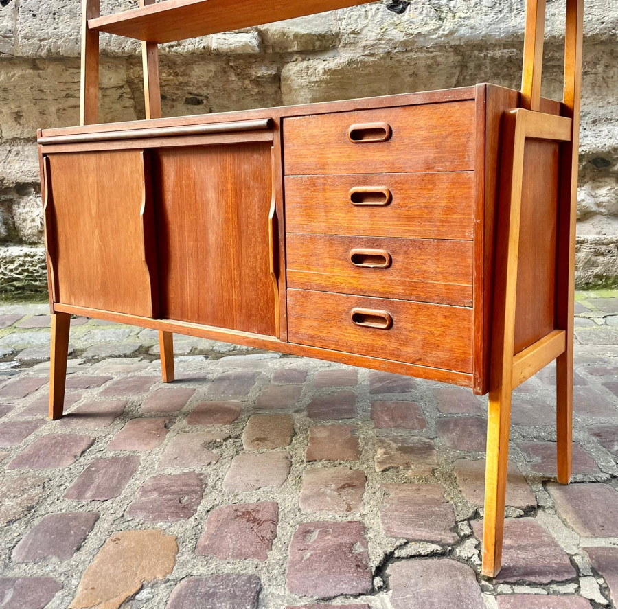 Bibliothèque Bureau scandinave en teck et hêtre années 70
