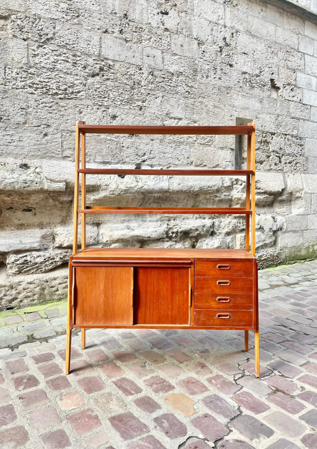 Bibliothèque Bureau scandinave en teck et hêtre années 70