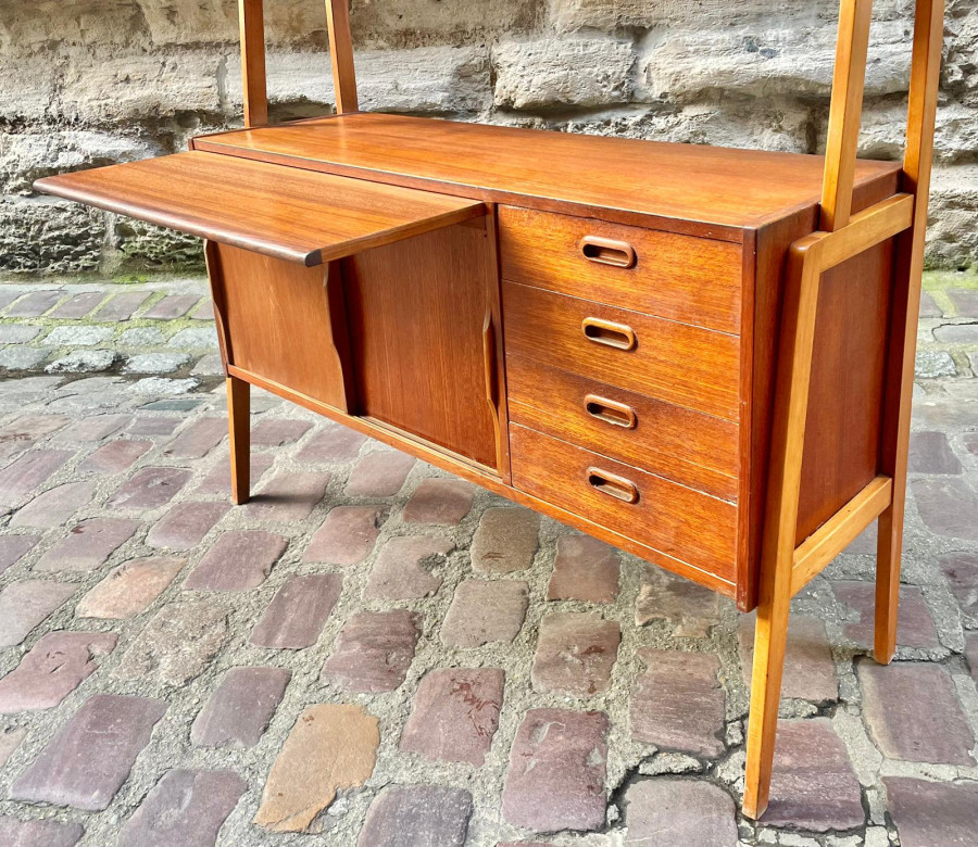 Bibliothèque Bureau scandinave en teck et hêtre années 70