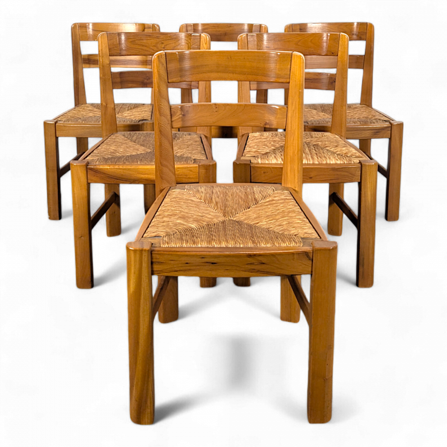 Série de 6 chaises en orme massif de la Maison Regain
