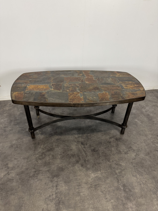 Table basse en fer forgé et plateau en ardoises