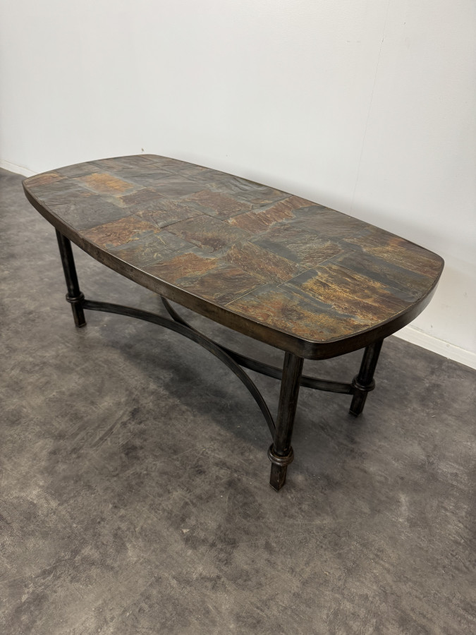 Table basse en fer forgé et plateau en ardoises