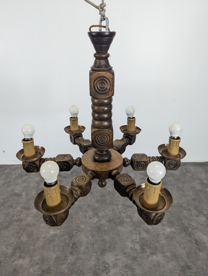 Lustre en chêne massif sclupté DLG Dudouyt