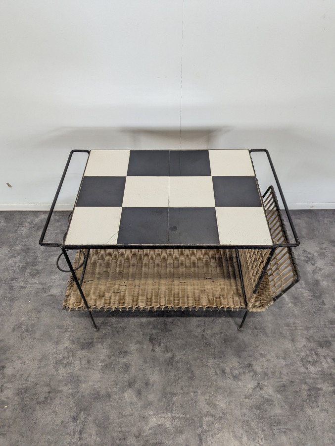 Table basse en rotin et céramique années 50