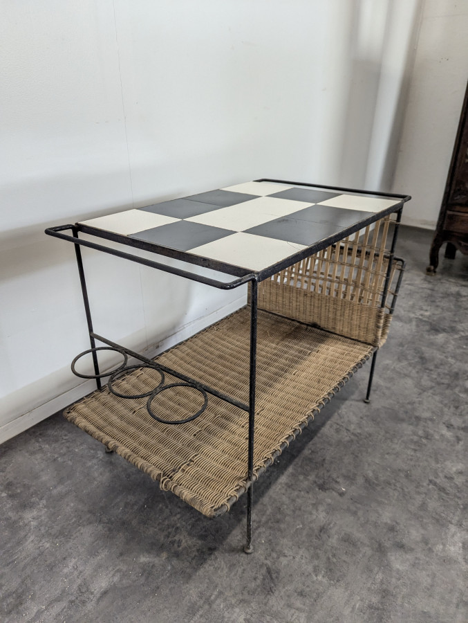 Table basse en rotin et céramique années 50