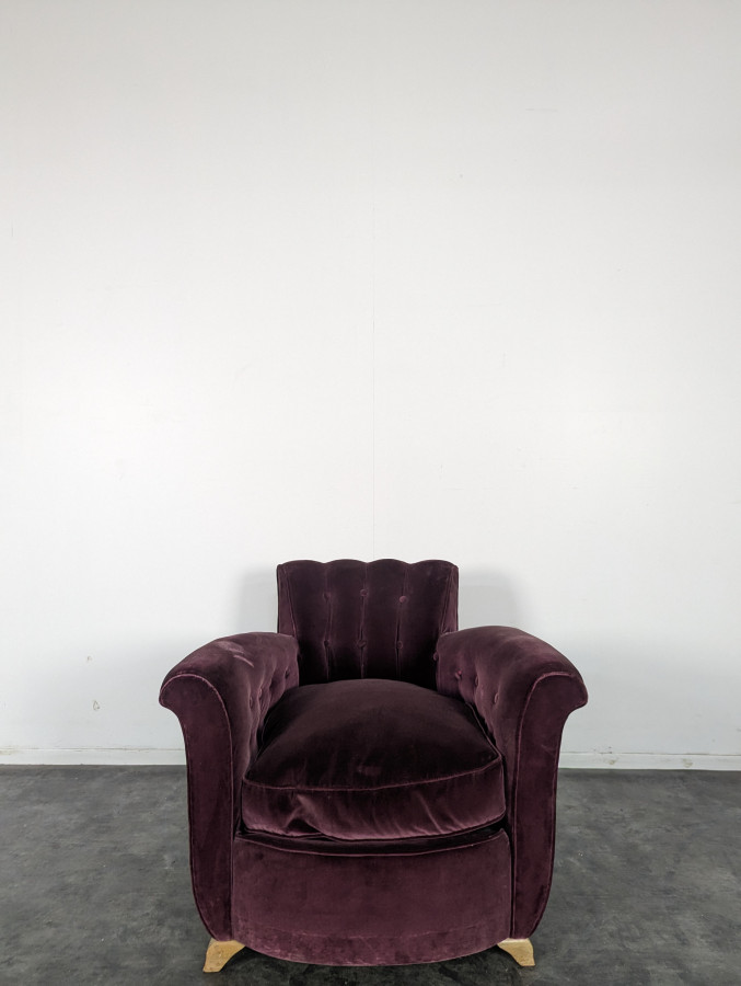 Fauteuil Art Déco en velours Aubergine