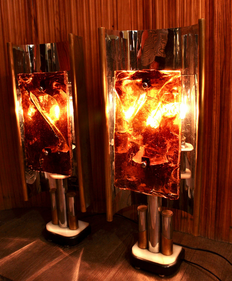 Lampes de créateurs en Chrome, marbre et verre fusionné offertes par Claude Pompidou