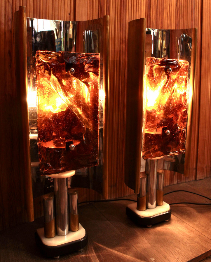 Lampes de créateurs en Chrome, marbre et verre fusionné offertes par Claude Pompidou