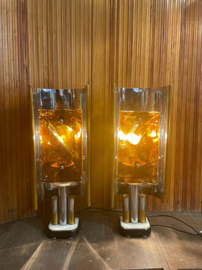 Lampes de créateurs en Chrome, marbre et verre fusionné offertes par Claude Pompidou