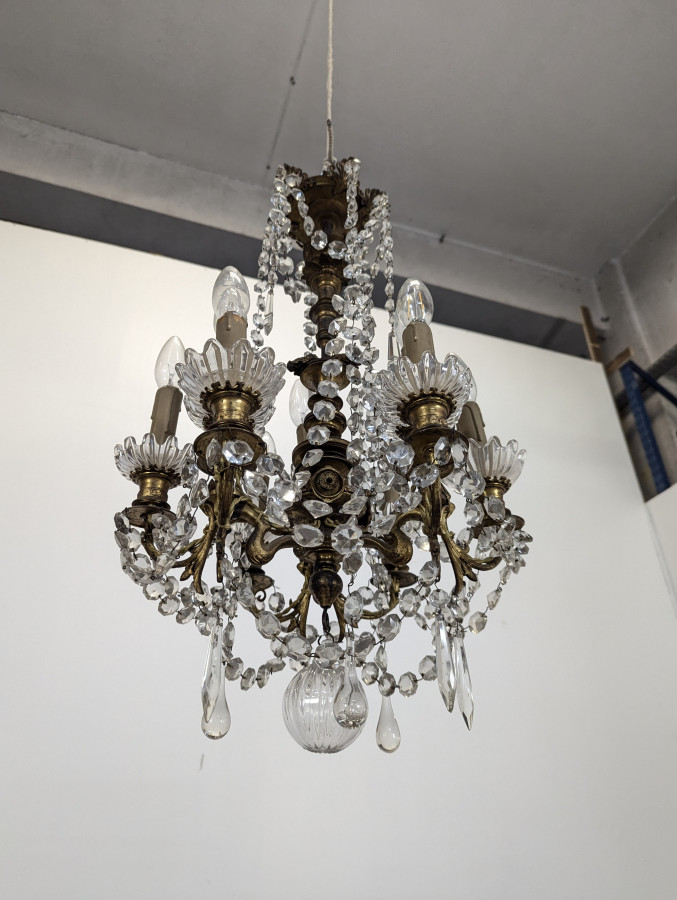 Lustre à pampille en cristal et bronze du XIX ème