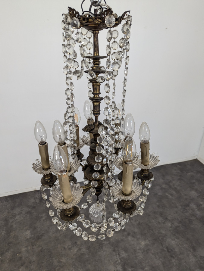 Lustre à pampille en cristal et bronze du XIX ème