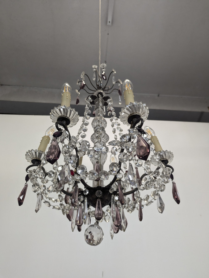Lustre à pampilles en cristal monture bronze et fût à balustre