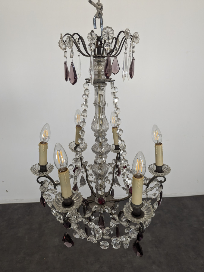 Lustre à pampilles en cristal monture bronze et fût à balustre