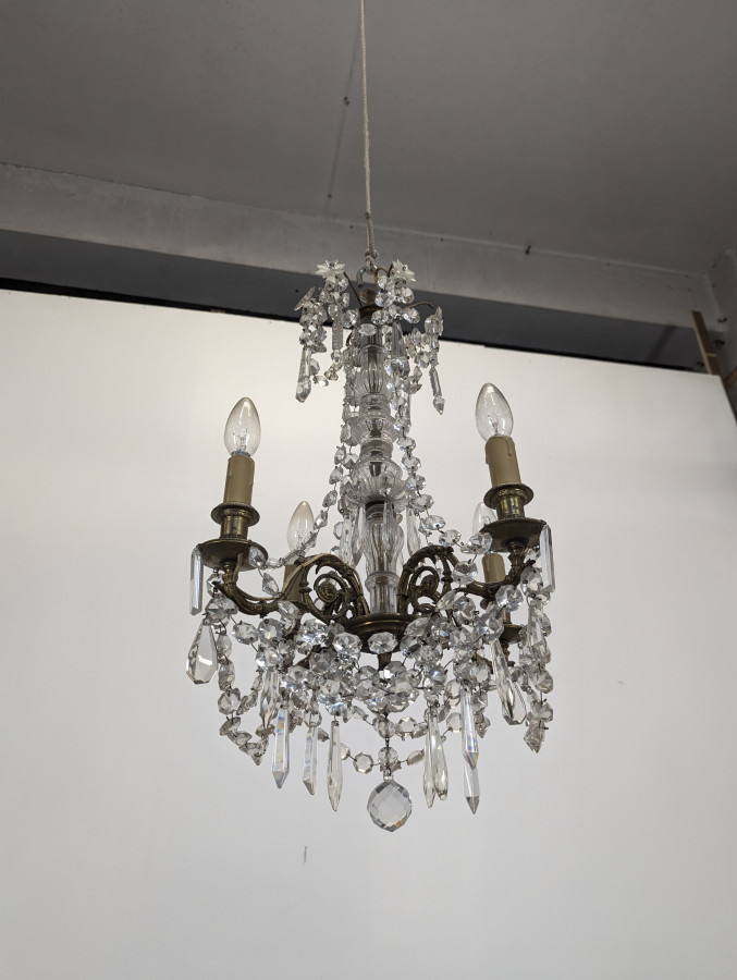 Lustre à pampilles en cristal monture bronze et fût à balustre