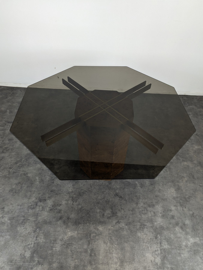 Table octogonale en loupe d'orme et Laiton DLG Mahey