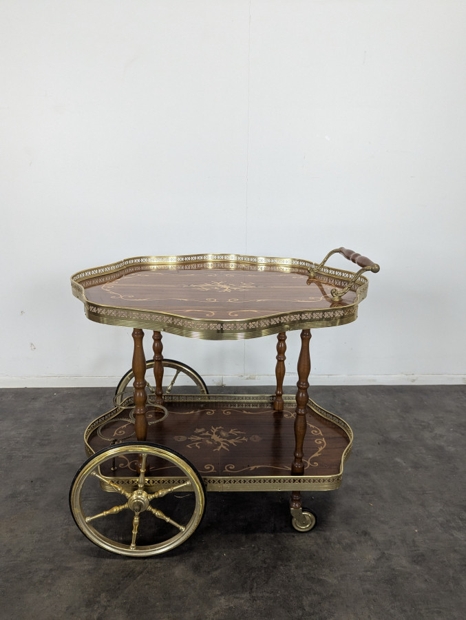 Desserte roulante en laiton et marqueterie