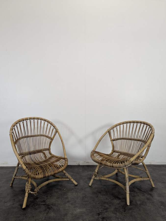 Série de 3 fauteuils en Rontin et Bambou des années 60