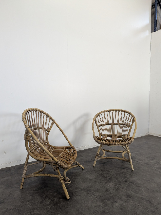 Série de 3 fauteuils en Rontin et Bambou des années 60