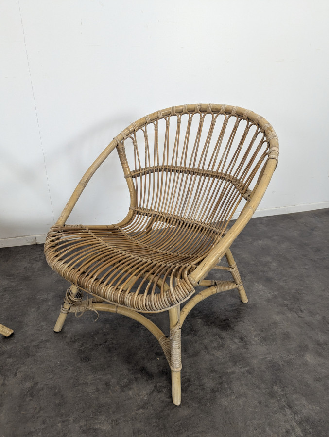 Série de 3 fauteuils en Rontin et Bambou des années 60