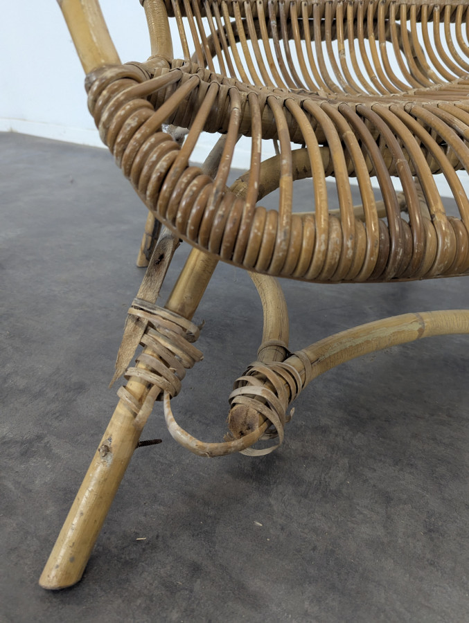 Série de 3 fauteuils en Rontin et Bambou des années 60