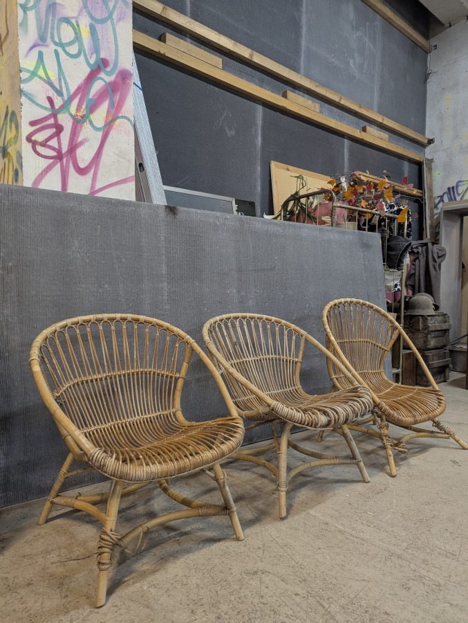 Série de 3 fauteuils en Rontin et Bambou des années 60