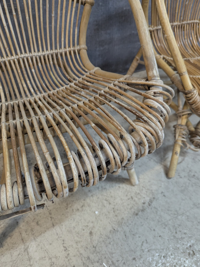 Série de 3 fauteuils en Rontin et Bambou des années 60
