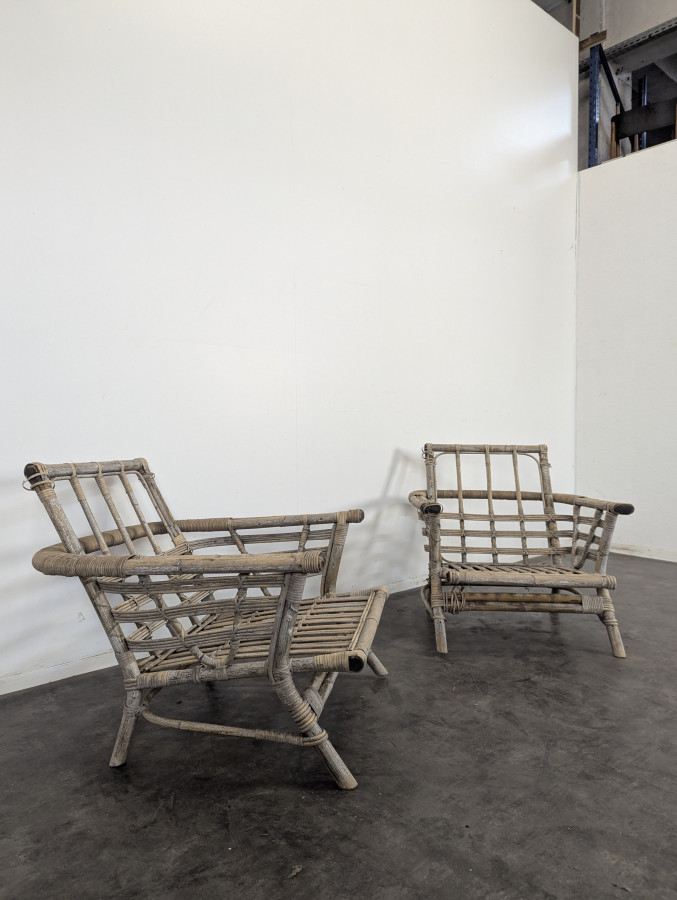 Paire de fauteuils en Rotin et Bambou des années 50