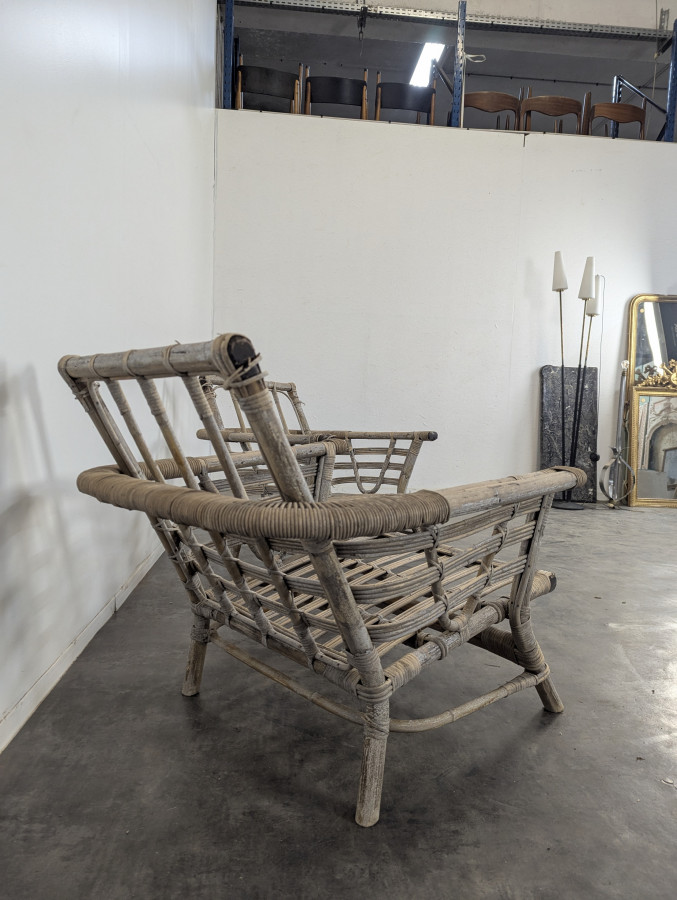 Paire de fauteuils en Rotin et Bambou des années 50